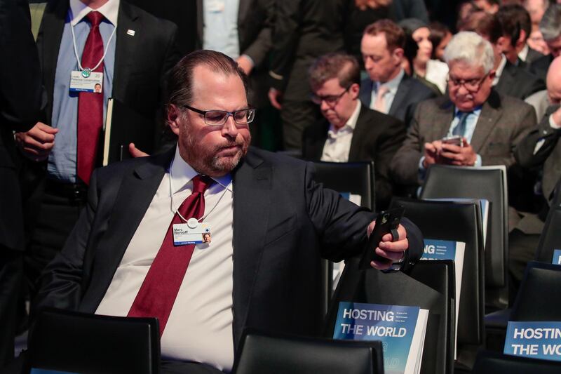 Marc Benioff, billionaire and co-founder and chief executive officer of Salesforce.com Inc., sits in the audience ahead of the special address by US President Donald Trump in Davos. Bloomberg