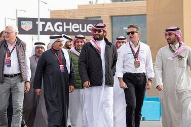 Crown Prince Mohammad bin Salman wears a Barbour jacket at the opening round of the 2nd Session, of FIA ABB Formula E Championship, in Diriyah, Saudi Arabia. SPA