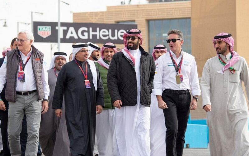 Crown Prince Mohammad bin Salman wears a Barbour jacket at the opening round of the 2nd Session, of FIA ABB Formula E Championship, in Diriyah, Saudi Arabia. SPA
