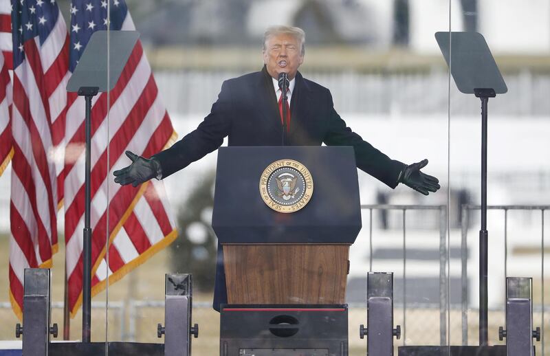 US President Donald J Trump delivers remarks to supporters gathered to protest Congress' upcoming certification of Joe Biden as the next president on the Ellipse in Washington, DC, USA.  EPA