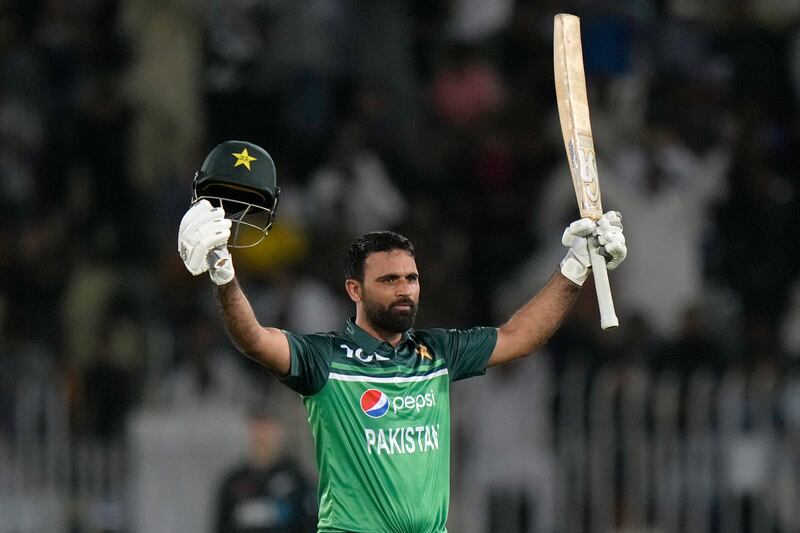 Pakistan's Fakhar Zaman celebrates after reaching his century during the first ODI against New Zealand in Rawalpindi on Thursday, April 27, 2023. AP