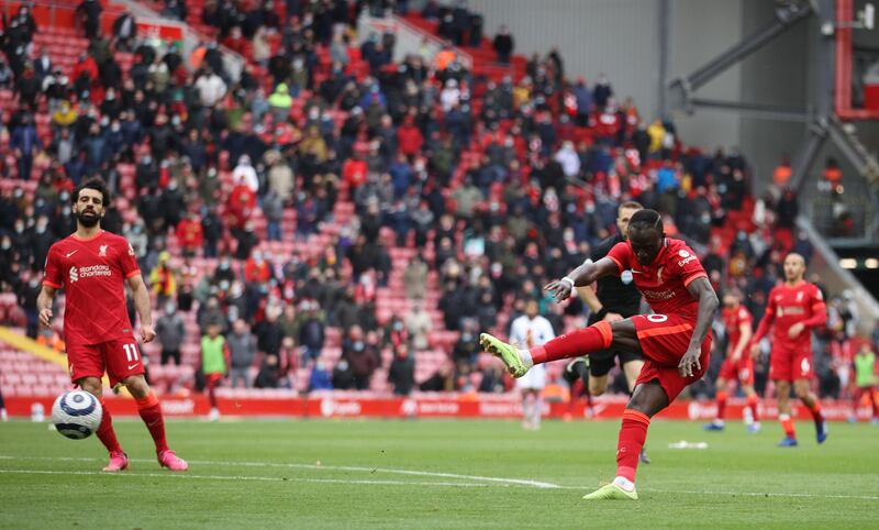 Liverpool's Sadio Mane scores their second goal. Reuters