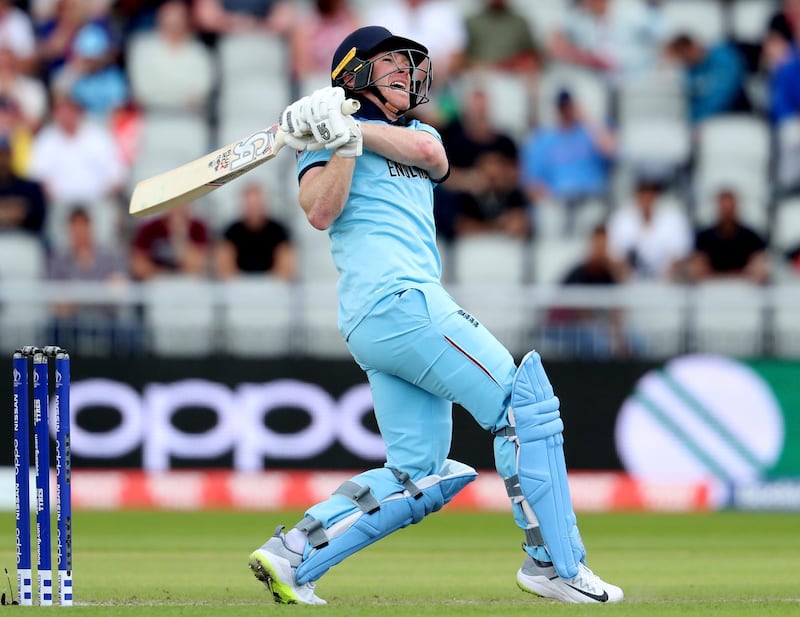 England's captain Eoin Morgan watches as he hits one of his 17 sixes. AP Photo