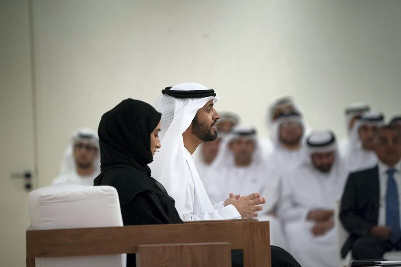 ABU DHABI, UNITED ARAB EMIRATES - May 21, 2018: HH Sheikh Mohamed bin Zayed Al Nahyan Crown Prince of Abu Dhabi Deputy Supreme Commander of the UAE Armed Forces (R), presents a lecture by Omar Habtoor Al Darei titled "Reclaiming Religion In The Age of Extremism", at Majlis Mohamed bin Zayed. 

( Hamad Al Kaabi / Crown Prince Court - Abu Dhabi )
---