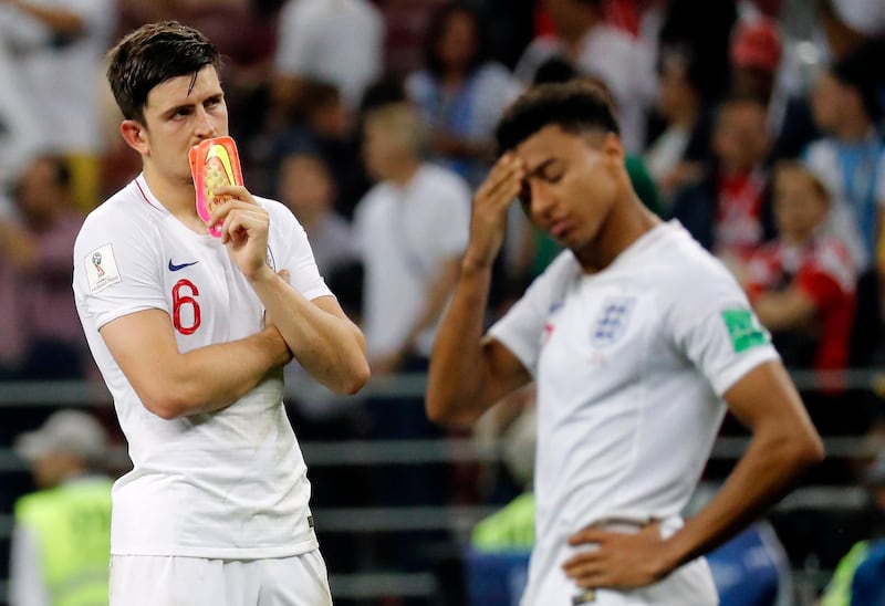 epa06882035 Harry Maguire of England (L) reacts after the FIFA World Cup 2018 semi final soccer match between Croatia and England in Moscow, Russia, 11 July 2018.

(RESTRICTIONS APPLY: Editorial Use Only, not used in association with any commercial entity - Images must not be used in any form of alert service or push service of any kind including via mobile alert services, downloads to mobile devices or MMS messaging - Images must appear as still images and must not emulate match action video footage - No alteration is made to, and no text or image is superimposed over, any published image which: (a) intentionally obscures or removes a sponsor identification image; or (b) adds or overlays the commercial identification of any third party which is not officially associated with the FIFA World Cup)  EPA/FELIPE TRUEBA   EDITORIAL USE ONLY