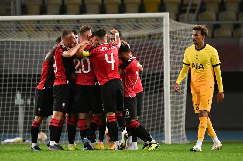 Shkendija celebrate their equaliser. EPA