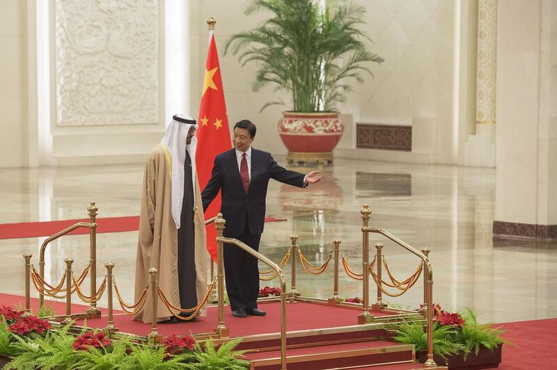Sheikh Mohammed bin Zayed, Crown Prince of Abu Dhabi and Deputy Supreme Commander of the Armed Forces, is received by Li Yuanchao, Vice President of China, at the Great Hall of the People during a state visit to China. Mohamed Al Suwaidi / Crown Prince Court - Abu Dhabi