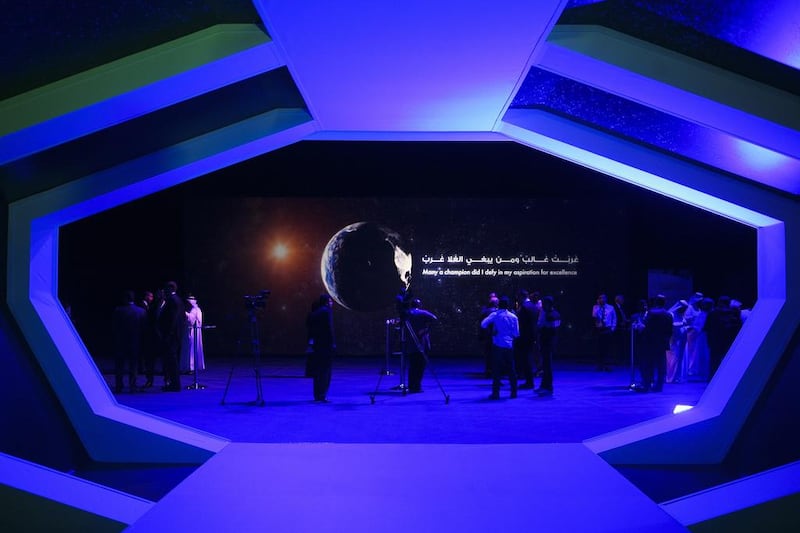 The spaceship-themed hallway at the Global Space and Satellite Forum at Adnec. Lee Hoagland / The National