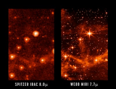 This combination of images provided by Nasa on May 9, 2022, shows part of the Large Magellanic Cloud, a small satellite galaxy of the Milky Way, seen by the retired Spitzer Space Telescope, left, and the new James Webb Space Telescope. That photo taken by James Webb was to test out the telescope. Photo: Nasa  