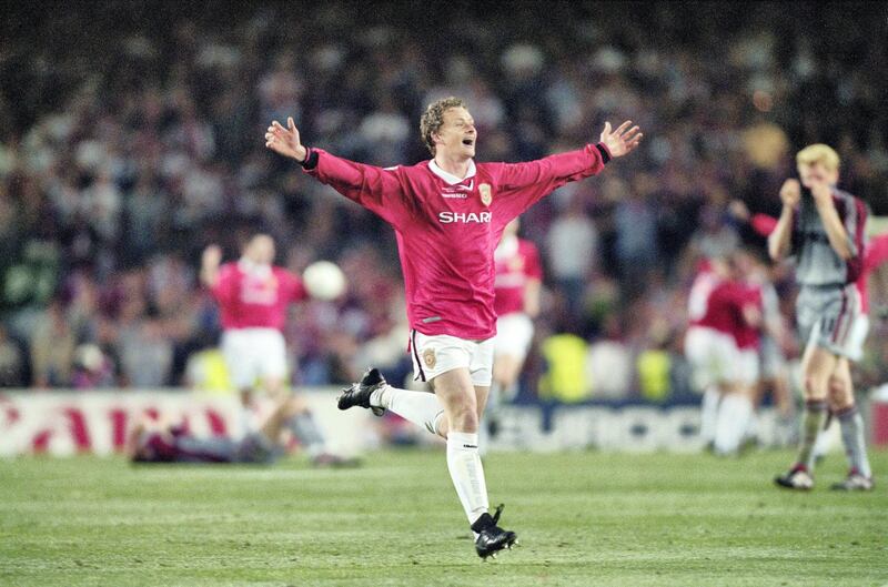 BARCELONA, SPAIN - MAY 26:  Manchester United striker Ole Gunnar Solskjaer celebrates at the end of the 1999 UEFA Champions League Final against Bayern Munich at the Camp Nou on May 26, 1999 in Barcelona, Spain. (Photo by  Ben Radford/Allsport/Getty Images/Hulton Archive)