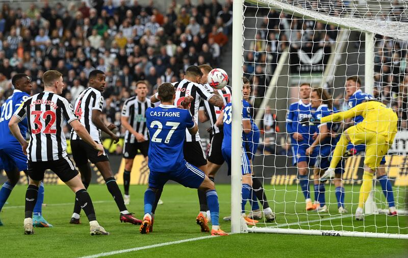 Newcastle's Bruno Guimaraes hits the post with a header. Getty Images