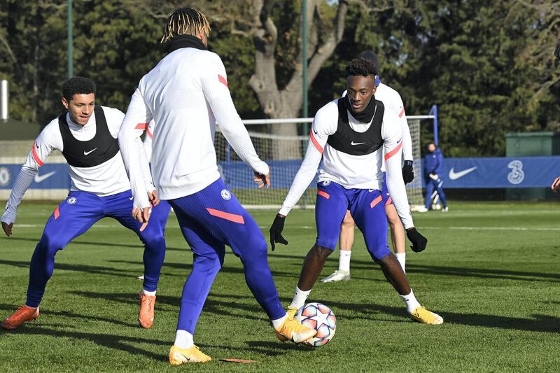 COBHAM, ENGLAND - DECEMBER 01:  Henry Lawrence and Tammy Abraham of Chelsea during a training session at Chelsea Training Ground on December 1, 2020 in Cobham, United Kingdom. (Photo by Darren Walsh/Chelsea FC via Getty Images)