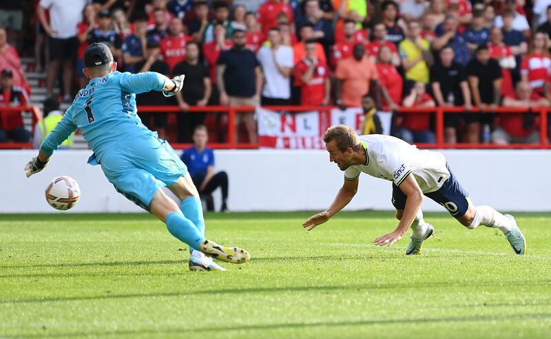 Harry Kane of Tottenham heads in his second goal. Getty Images