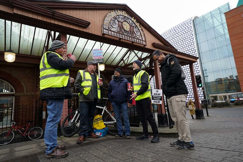 Aslef union members on the picket line at Moor Street in Birmingham. PA