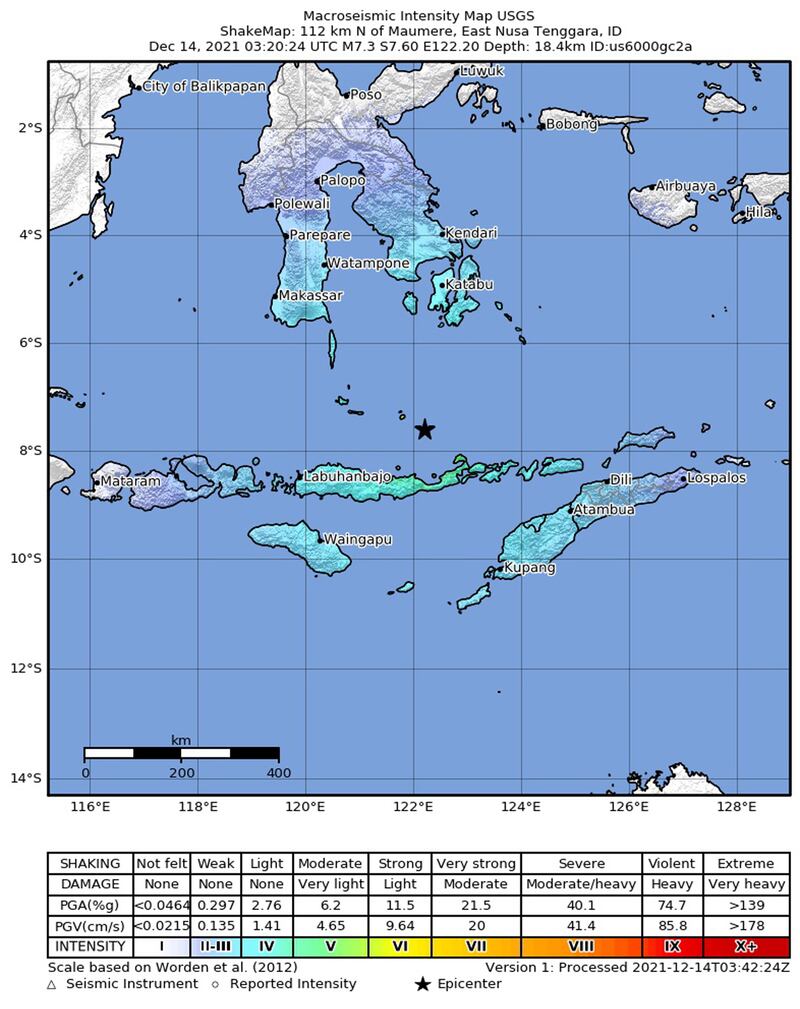 A handout map made available by the US Geological Survey shows the location of the quake that struck at a depth of 18.4 kilometres, 112km north of Maumere, Indonesia. EPA