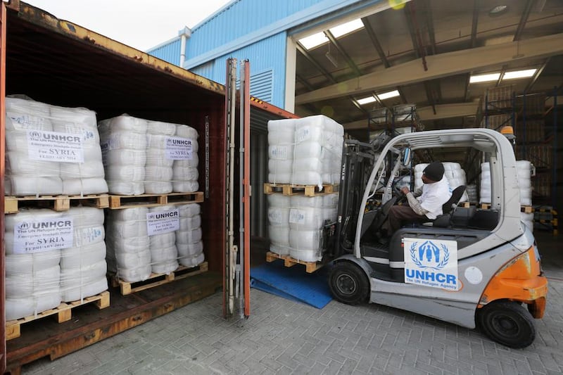 Tens of thousands of sleeping mats, kitchen equipment, jerrycans, thermal blankets and plastic tarpaulins worth Dh5.5 million will be sent on Tuesday from the United Nations High Commission for Refugees (UNHCR) warehouse in Dubai to Tartus in Syria. Jaime Puebla / The National