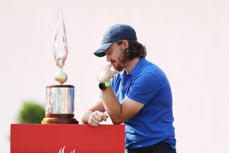 England's Tommy Fleetwood with the Abu Dhabi HSBC Championship trophy. Getty