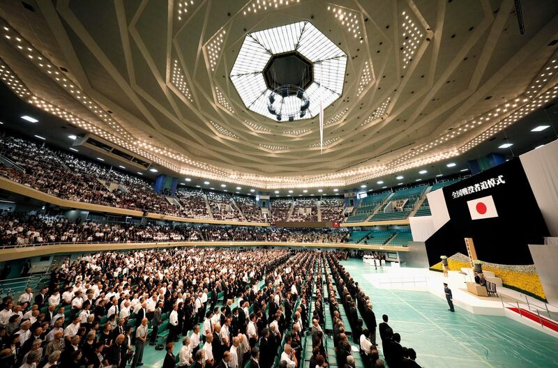 The memorial service for the war dead at Nippon Budokan martial arts hall in Japan. Suo Takekuma / AP Photo