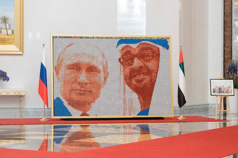 ABU DHABI, UNITED ARAB EMIRATES - October 15, 2019: A cubic artwork display showcasing HH Sheikh Mohamed bin Zayed Al Nahyan, Crown Prince of Abu Dhabi and Deputy Supreme Commander of the UAE Armed Forces and HE Vladimir Putin Vladimirovich, President of Russia, at the Presidential Airport.

( Rashed Al Mansoori / Ministry of Presidential Affairs )
---