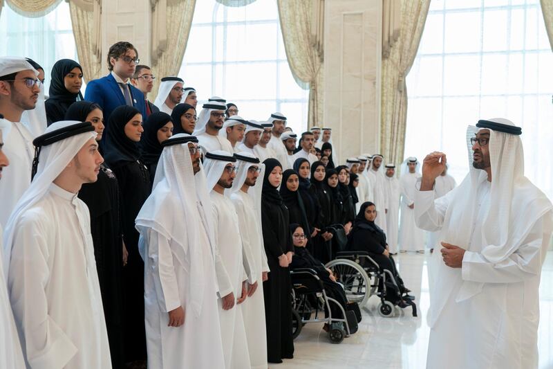 ABU DHABI, UNITED ARAB EMIRATES - July 17, 2019: HH Sheikh Mohamed bin Zayed Al Nahyan, Crown Prince of Abu Dhabi and Deputy Supreme Commander of the UAE Armed Forces (R) speaks with the honors and outstanding students of Grade 12 and their parents, at Al Bateen Palace. Seen with HE Hussain Ibrahim Al Hammadi, UAE Minister of Education (front row 2nd L).

( Rashed Al Mansoori / Ministry of Presidential Affairs )
---