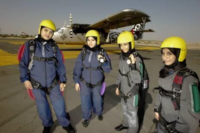 UAE - Dubai - Jan 10 - 2012: The ?rst female sky diving team in the Gulf , from L to R, Radwa El Ghamry, Nada Attia, Hamda Saif, Shaikha Al Muhairi, pose for a portrait at Sky Dive Dubai.  ( Jaime Puebla - The National Newspaper )