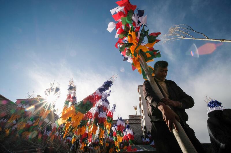 A man carries a tree sewed with prayer flags as part of preparations for the 'Losar' or the Tibetan New Year celebration, in Lhasa. Reuters