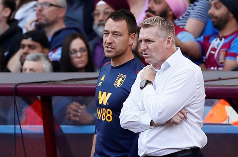 Soccer Football - Premier League - Aston Villa v AFC Bournemouth - Villa Park, Birmingham, Britain - August 17, 2019  Aston Villa manager Dean Smith and his assistant John Terry during the match     Action Images via Reuters/Jason Cairnduff  EDITORIAL USE ONLY. No use with unauthorized audio, video, data, fixture lists, club/league logos or "live" services. Online in-match use limited to 75 images, no video emulation. No use in betting, games or single club/league/player publications.  Please contact your account representative for further details.