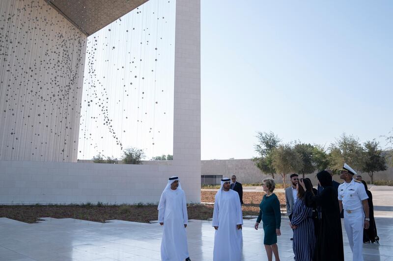 ABU DHABI, UNITED ARAB EMIRATES - March 13, 2019: HE Falah Mohamed Al Ahbabi, Chairman of the Department of Urban Planning and Municipalities, and Abu Dhabi Executive Council Member (2nd L) and Karen Pence, Second Lady of the United States (4th L), tours the Founders Memorial prior exchanging gifts during a reception for the Special Olympics World Games Abu Dhabi 2019. Seen with Linda McMahon, Administrator of the Small Business Administration (3rd L).

( Mohammed Al Hammadi / Ministry of Presidential Affairs )?