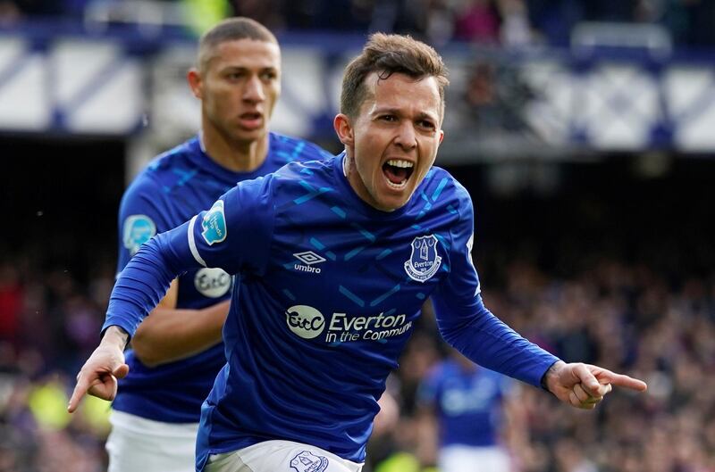 Soccer Football - Premier League - Everton v Crystal Palace - Goodison Park, Liverpool, Britain - February 8, 2020  Everton's Bernard celebrates scoring their first goal with Richarlison        REUTERS/Andrew Yates  EDITORIAL USE ONLY. No use with unauthorized audio, video, data, fixture lists, club/league logos or "live" services. Online in-match use limited to 75 images, no video emulation. No use in betting, games or single club/league/player publications.  Please contact your account representative for further details.
