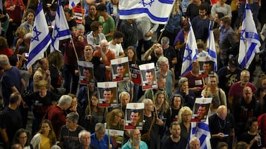 Israelis attend a protest to call for the release of hostages, in Tel Aviv, on April 20. Reuters