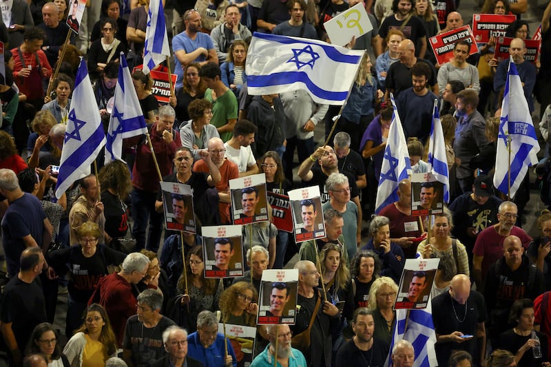 Israelis attend a protest to call for the release of hostages, in Tel Aviv, on April 20. Reuters
