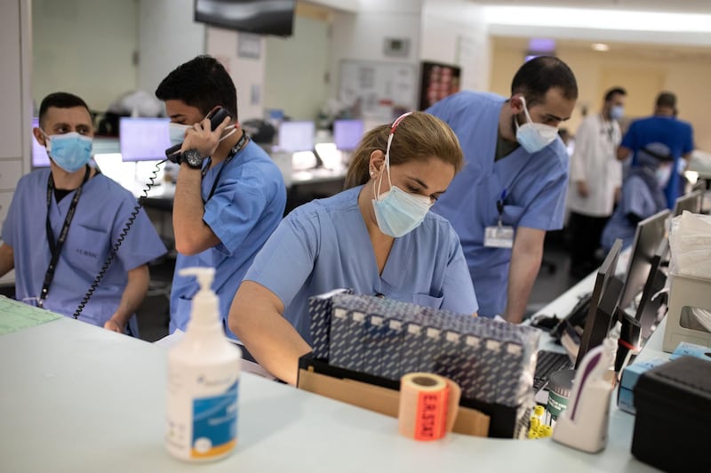 ©2021 Tom Nicholson. 18/01/2021. Beirut, Lebanon. Staff members work in the Emergency Room (ER) at the American University of Beirut (AUB) Hospital. Deaths in Lebanon from Coronavirus reached a peak high of 55 today. Photo credit : Tom Nicholson