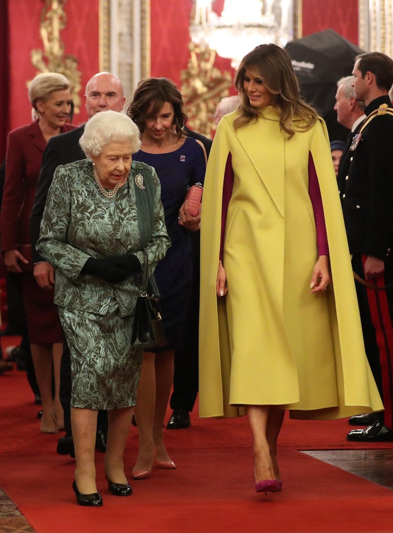 LONDON, ENGLAND - DECEMBER 03: Queen Elizabeth II and First Lady Melania Trump attend a reception for NATO leaders hosted by Queen Elizabeth II at Buckingham Palace on December 3, 2019 in London, England. Her Majesty Queen Elizabeth II hosted the reception at Buckingham Palace for NATO Leaders to mark 70 years of the NATO Alliance. (Photo by Yui Mok - WPA Pool/Getty Images)