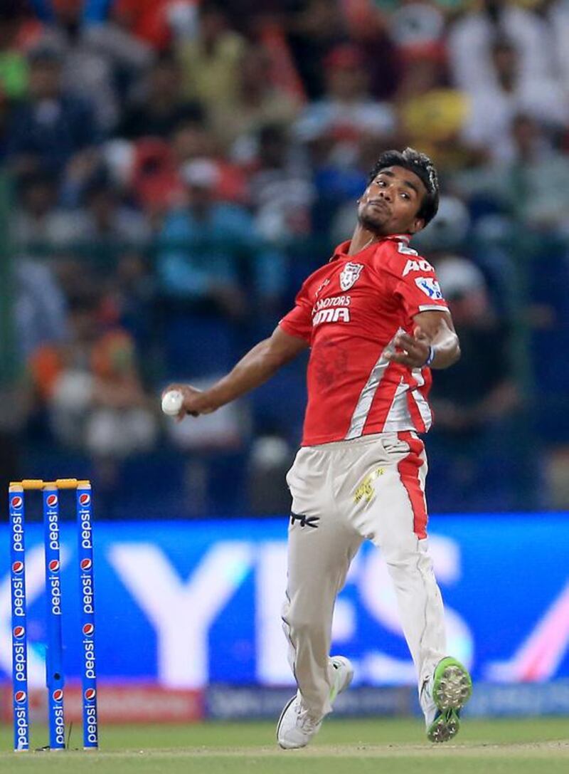Sandeep Sharma took three wickets for 21 runs and was man of the match for Kings XI Punjab in their Indian Premier League match against Kolkata Knight Riders at Zayed Cricket Stadium on April 26, 2014. Ravindranath K / The National