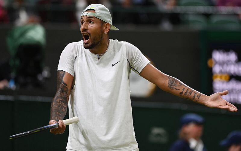 Nick Kyrgios reacts during his third round match against Stefanos Tsitsipas. AFP