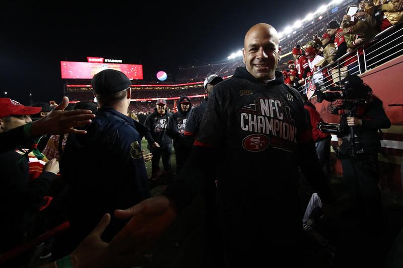 SANTA CLARA, CALIFORNIA - JANUARY 19: Defensive coordinator Robert Saleh of the San Francisco 49ers celebrates after winning the NFC Championship game against the Green Bay Packers at Levi's Stadium on January 19, 2020 in Santa Clara, California. The 49ers beat the Packers 37-20.   Ezra Shaw/Getty Images/AFP (Photo by EZRA SHAW / GETTY IMAGES NORTH AMERICA / Getty Images via AFP)