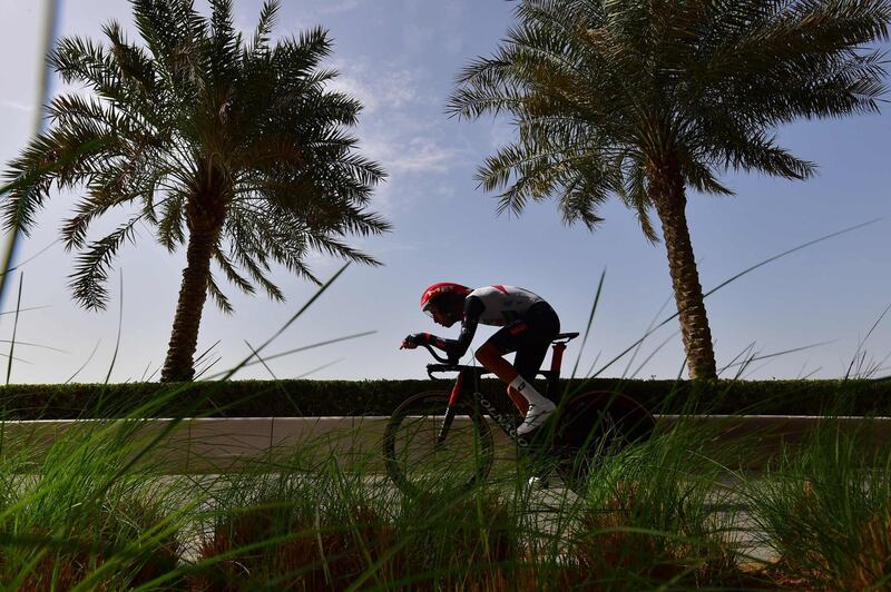 UAE team rider Fabio Aru competes during the fourth stage of the Abu Dhabi cycling tour in the Emirati capital on February 24, 2018. / AFP PHOTO / GIUSEPPE CACACE