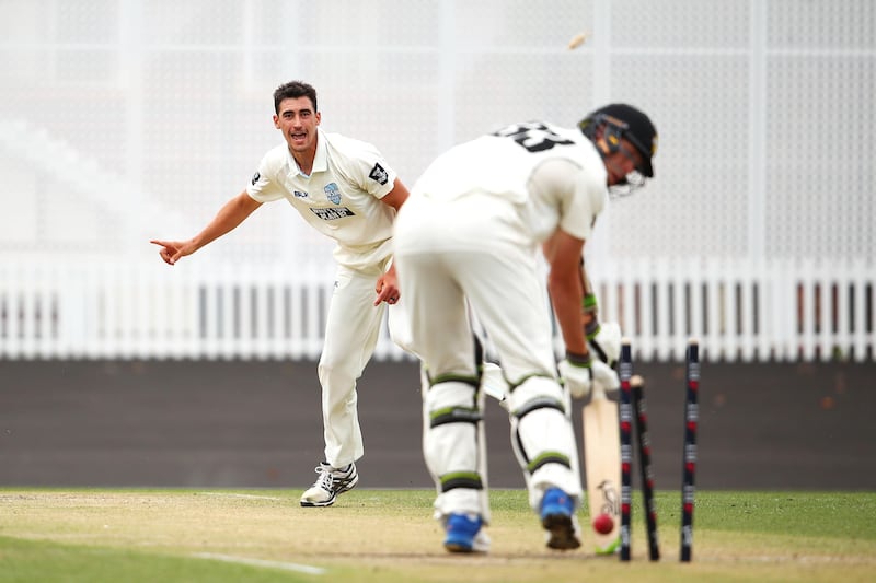 SYDNEY, AUSTRALIA - NOVEMBER 06:  Mitchell Starc of the Blues celebrates  bowling Simon Mackin of the Warriors to take a hat-trick during day three of the Sheffield Shield match between New South Wales and Western Australia at Hurstville Oval on November 6, 2017 in Sydney, Australia.  (Photo by Mark Kolbe/Getty Images)