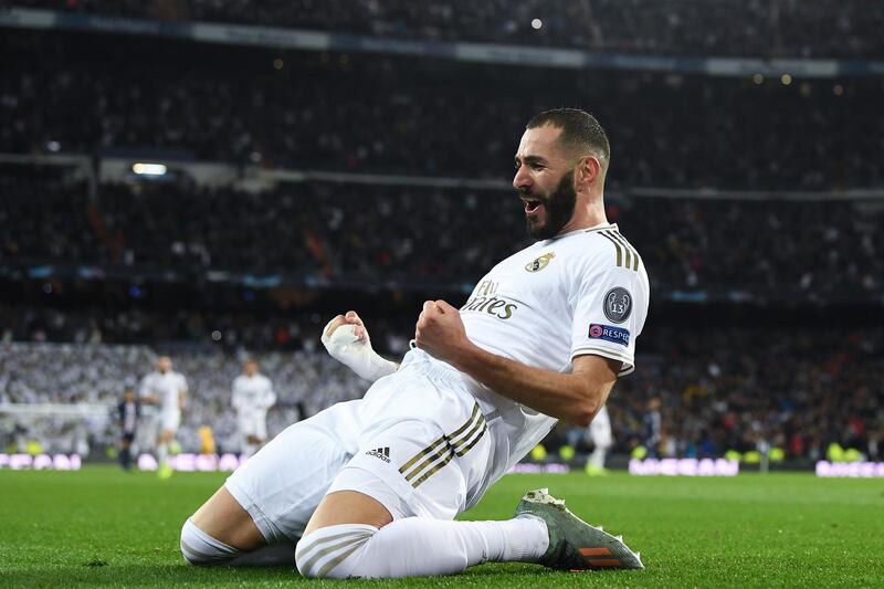 Karim Benzema celebrates after scoring Real Madrid's second goal against PSG. Getty
