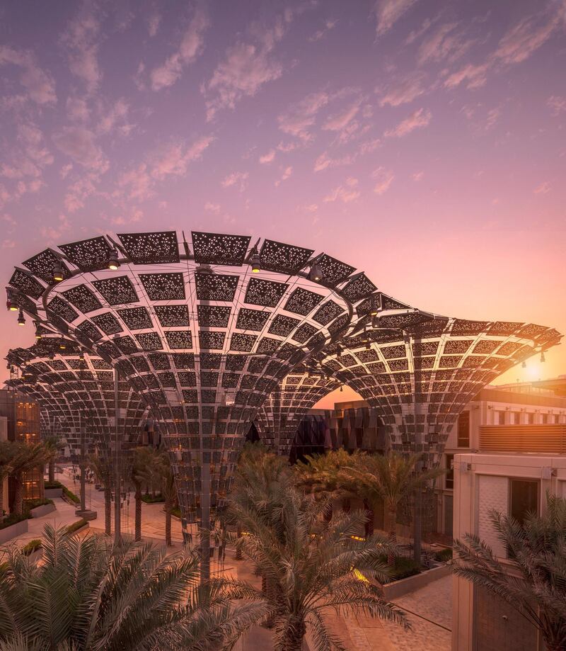 Expo 2020's impressive petal-shaped Thematic Districts, representing opportunity, mobility and sustainability, during sunset in Dubai