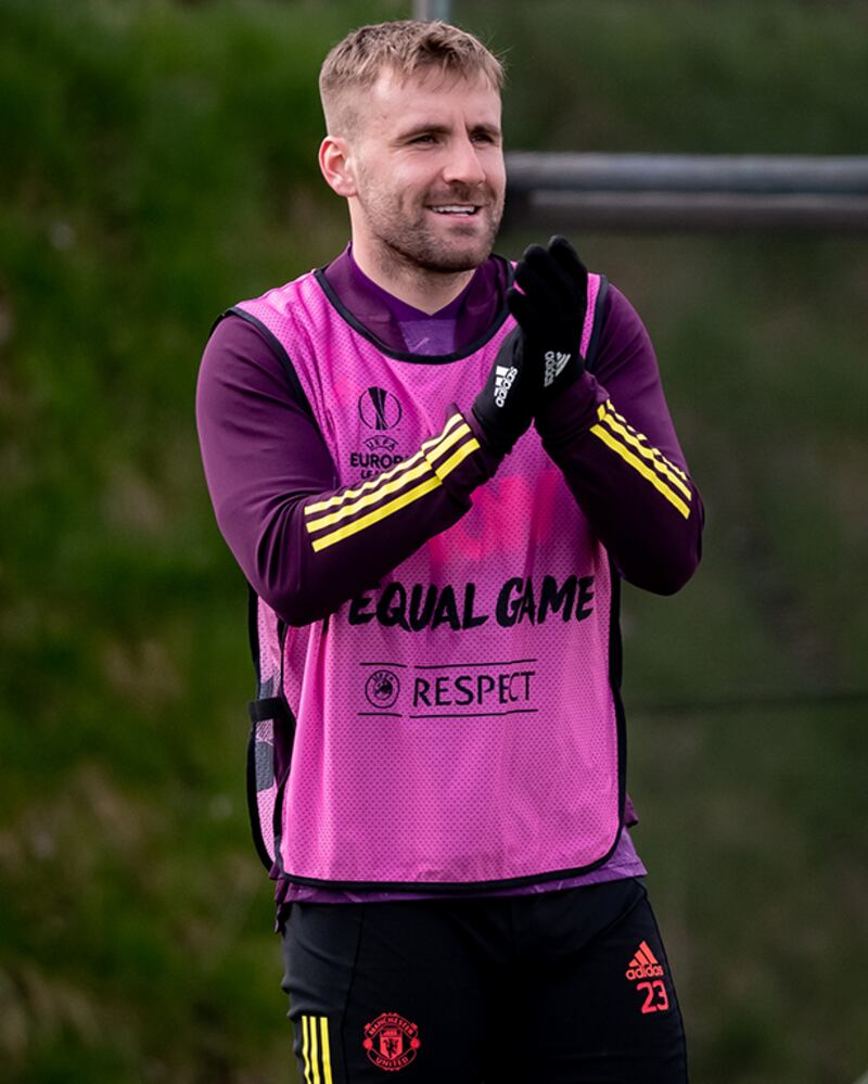 MANCHESTER, ENGLAND - APRIL 07:  Luke Shaw of Manchester United looks on during a first team training session at Aon Training Complex on April 7, 2021 in Manchester, England. (Photo by Ash Donelon/Manchester United via Getty Images)