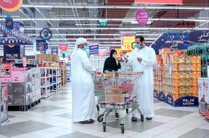 Abu Dhabi, United Arab Emirates, April 21, 2020. 
  Early Ramadan shoppers at Carrefour Yas Mall.
Victor Besa / The National
Section:  NA
For:  Stock images