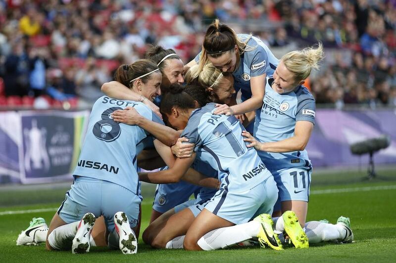 Carli Lloyd celebrates scoring Manchester City’s third goal against Birmingham City with teammates. Manchester City won the SSE Women’s FA Cup final 4-1 at Wembley. Matthew Childs / Reuters