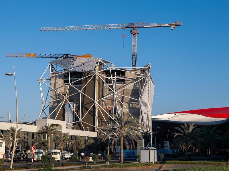 Abu Dhabi, UAE.  March 15, 2018. Sky Venture fire.  Smoke and Burn marks on the cranes above the Sky Venture construction located in between the Yas Mall and Ferrari World.
Victor Besa / The National
National