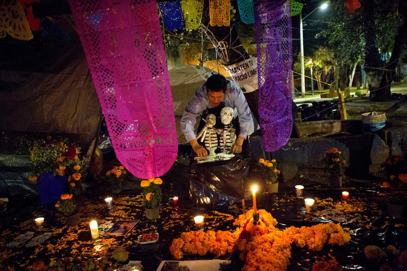 A young man arranges skeletons in a Day of the Dead altar in Mexico City. Rebecca Blackwell / AP Photo