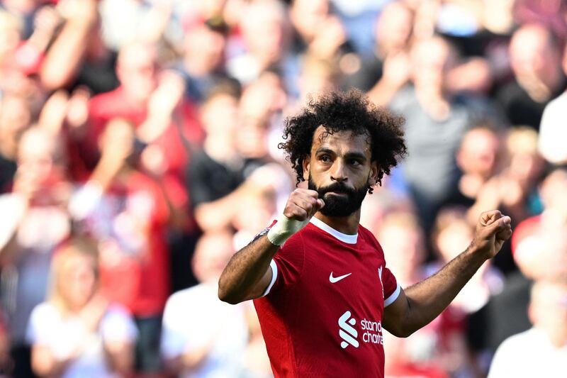 Mohamed Salah celebrates after scoring Liverpool's third goal in their 3-0 Premier League win over Aston Villa at Anfield on September 3, 2023. AFP