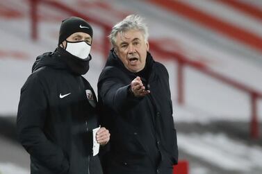 Everton's manager Carlo Ancelotti, right, gestures during the English Premier League soccer match between Sheffield United and Everton at the Bramall Lane stadium in Sheffield, England, Saturday, Dec. 26, 2020. (Nick Potts/Pool via AP)