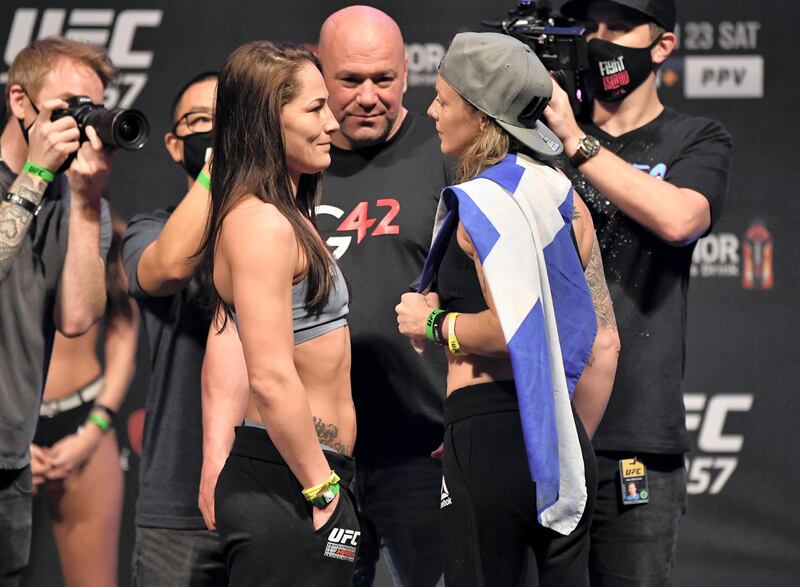 ABU DHABI, UNITED ARAB EMIRATES - JANUARY 22: (L-R) Opponents Jessica Eye and Joanne Calderwood of Scotland face off during the UFC 257 weigh-in at Etihad Arena on UFC Fight Island on January 22, 2021 in Abu Dhabi, United Arab Emirates. (Photo by Jeff Bottari/Zuffa LLC) *** Local Caption *** ABU DHABI, UNITED ARAB EMIRATES - JANUARY 22: (L-R) Opponents Jessica Eye and Joanne Calderwood of Scotland face off during the UFC 257 weigh-in at Etihad Arena on UFC Fight Island on January 22, 2021 in Abu Dhabi, United Arab Emirates. (Photo by Jeff Bottari/Zuffa LLC)