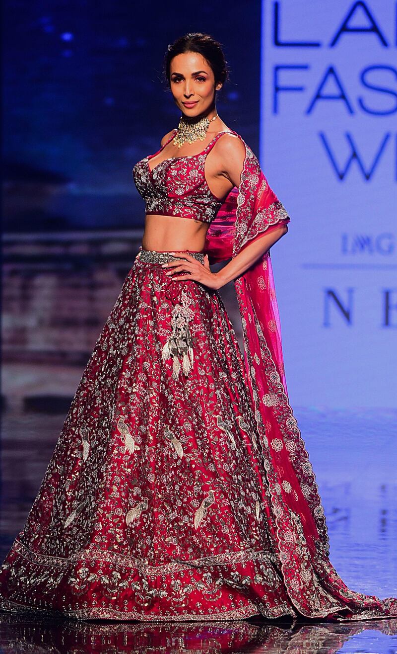 Bollywood actress Malaika Arora  presents a creation by Varun Chkkilam during Lakme Fashion Week in Mumbai on February 14, 2020. AFP