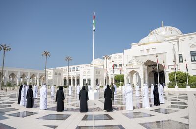 Sheikh Mansour bin Zayed, Deputy Prime Minister and Minister of Presidential Affairs, at the ceremony. Sheikh Mansour expressed his pride in celebrating the day, which promotes the values of loyalty and patriotism. Hamad Al Kaabi  /  Ministry of Presidential Affairs